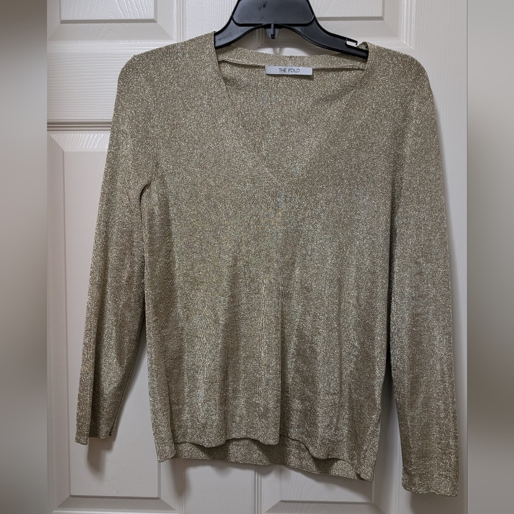 The Fold London Metallic Gold V Neck sweater Size XS